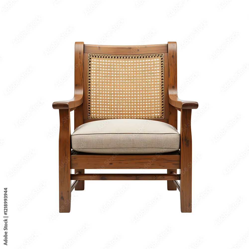 Elegant wooden armchair with cane back and linen cushion. Elegant wooden armchair with cane back and linen cushion.