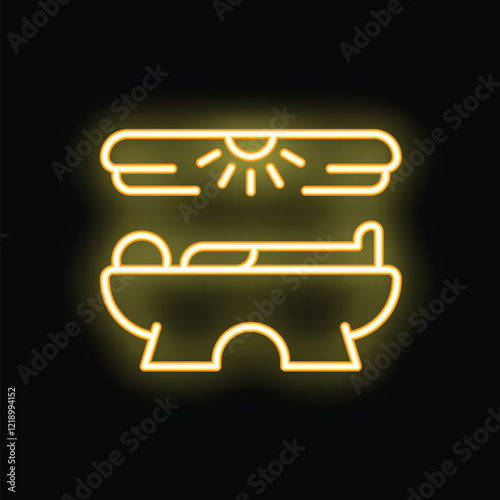 Yellow glowing neon sign depicting a solarium tanning bed emitting uv light for getting a tan