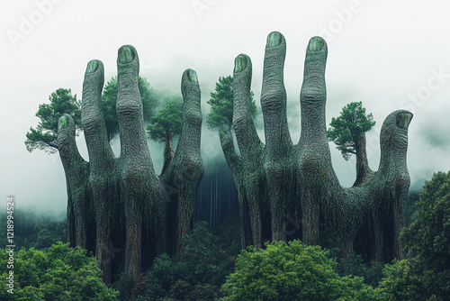 Unique giant hands emerge from a foggy forest landscape, blending nature and artistry in a surreal display of creativity