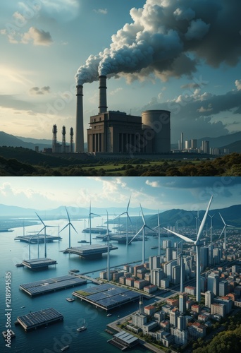 A contrast between an old coal-powered plant with greenwashing ads and a future of floating solar farms, wind turbines, and eco-conscious citizens using energy apps in a sustainable city Generative AI