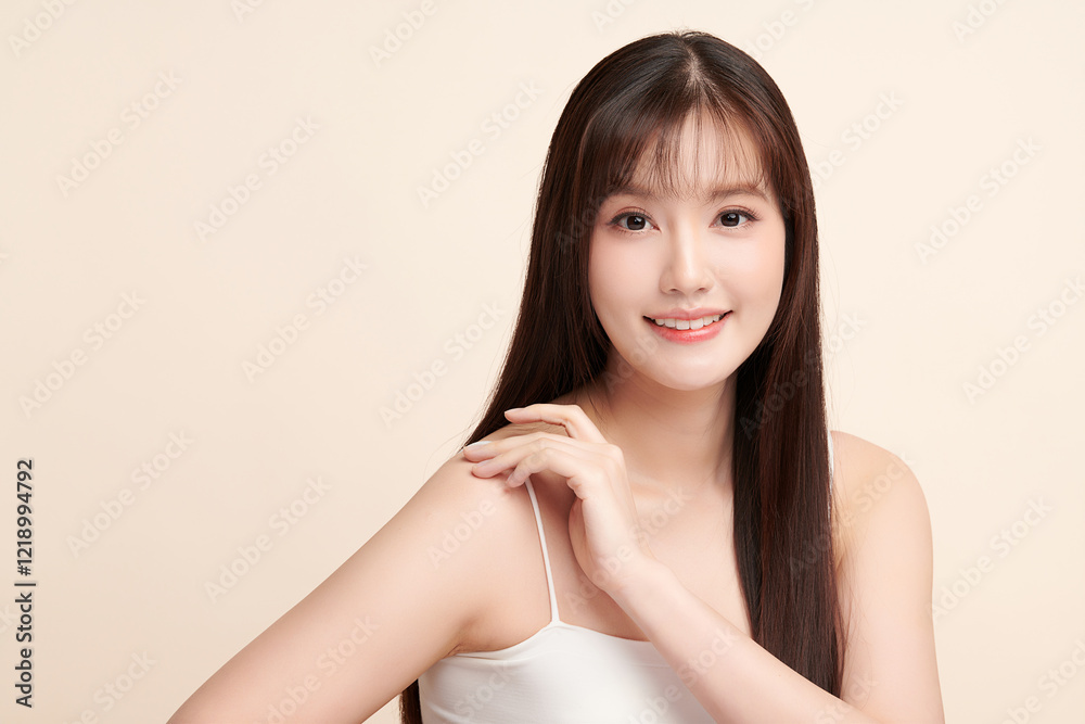 Beautiful young asian woman with clean fresh skin on beige background, Face care, Facial treatment, Cosmetology, beauty and spa, Asian women portrait. Beautiful young asian woman with clean fresh skin on beige background, Face care, Facial treatment, Cosmetology, beauty and spa, Asian women portrait.