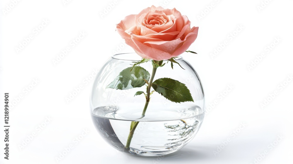 Fototapeta premium A beautiful glass vase with a single rose on a white isolated background