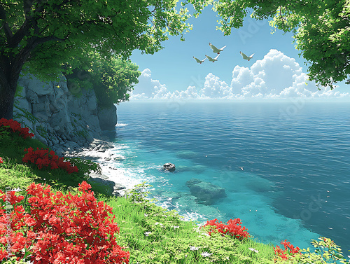 Serene coastal landscape featuring vibrant red flowers, lush greenery, and a rocky cliff overlooking a tranquil turquoise ocean.  Perfect for travel, nature, and serenity themes. photo