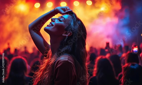 Joyful Woman at a Vibrant Concert, Bathed in Stage Lights