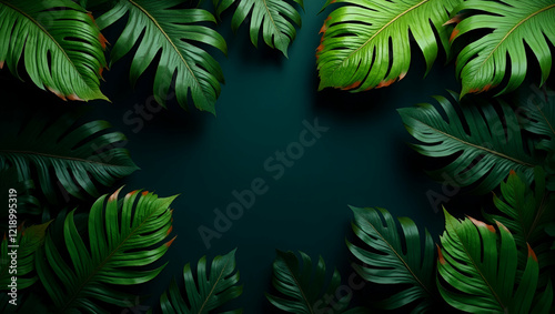 Tropical leaf pattern with vibrant green tones on a dark background
