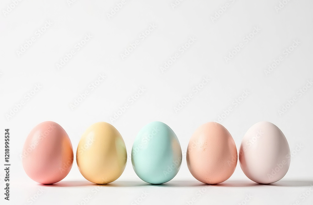 At the bottom of the image are eggs with free space on top of image for text, spring pattern on the eggs, pastel colors, white background. At the bottom of the image are eggs with free space on top of image for text, spring pattern on the eggs, pastel colors, white background.