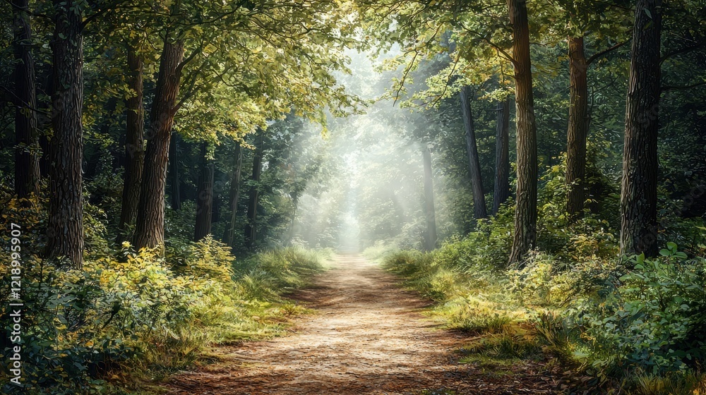 Sunlit forest pathway surrounded by lush greenery and tall trees Sunlit forest pathway surrounded by lush greenery and tall trees