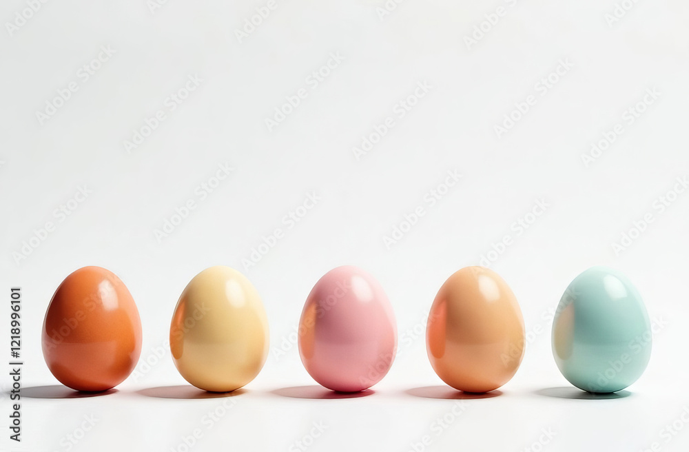 At the bottom of the image are eggs with free space on top of image for text, spring pattern on the eggs, pastel colors, white background. At the bottom of the image are eggs with free space on top of image for text, spring pattern on the eggs, pastel colors, white background.