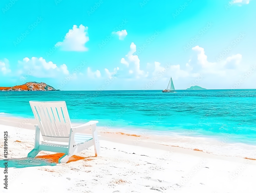 Serene Beach Scene: White Chair on Pristine Sand, Turquoise Ocean, Sailboat Serene Beach Scene: White Chair on Pristine Sand, Turquoise Ocean, Sailboat