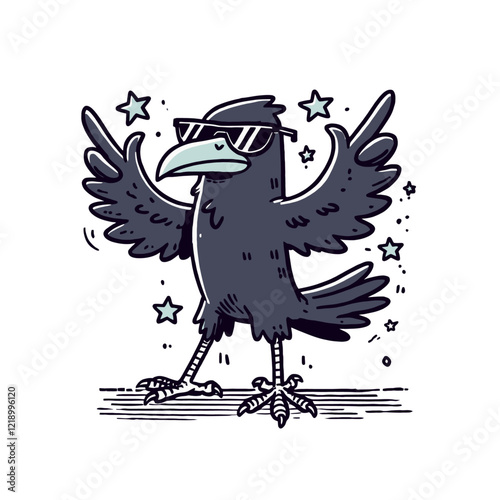 Cool raven in sunglasses raising wings with stars around. Isolated vector illustration of stylish blackbird character in cartoon style.