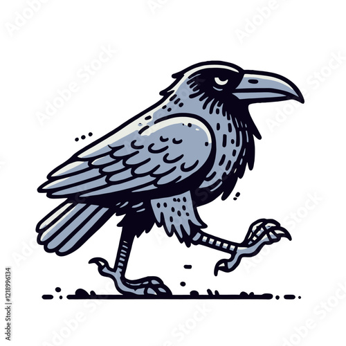 Stylized walking raven in a hand-drawn style. Isolated vector illustration ideal for gothic, mystery, and Halloween-themed projects.