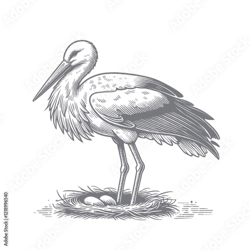 A graceful stork standing on its nest with eggs, symbolizing birth and nature. This isolated vector illustration is ideal for family, motherhood, and wildlife-related projects.