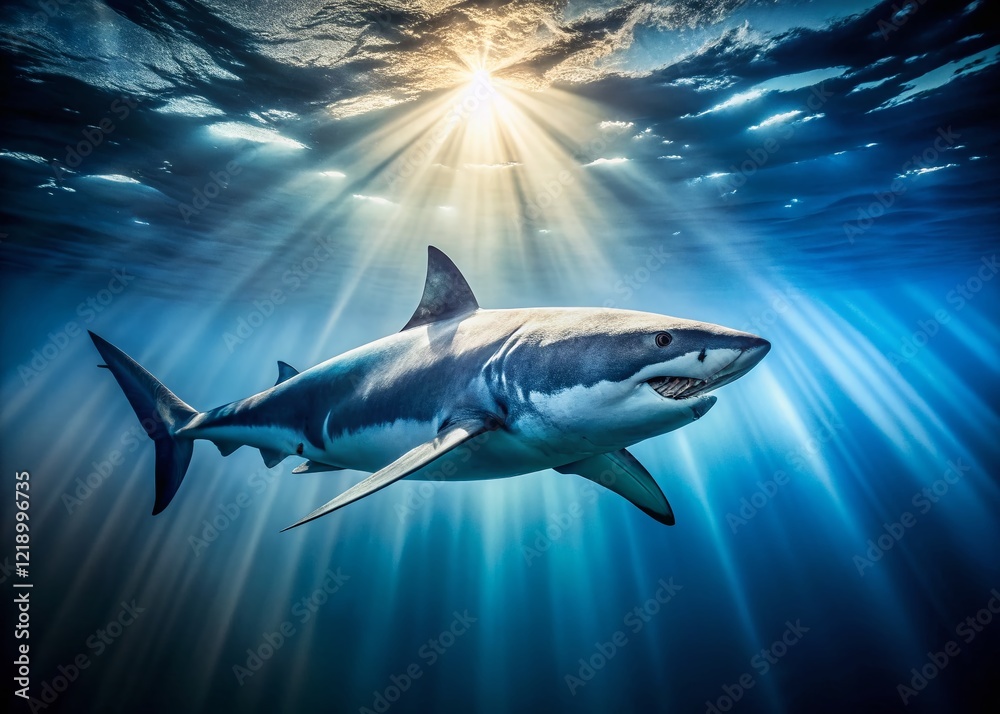 Fototapeta premium Majestic Great White Shark in the Vast Open Ocean: Underwater Wildlife Photography