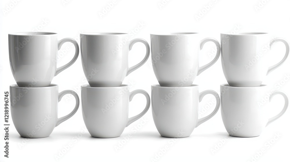 A set of white ceramic mugs stacked neatly on a white isolated background A set of white ceramic mugs stacked neatly on a white isolated background