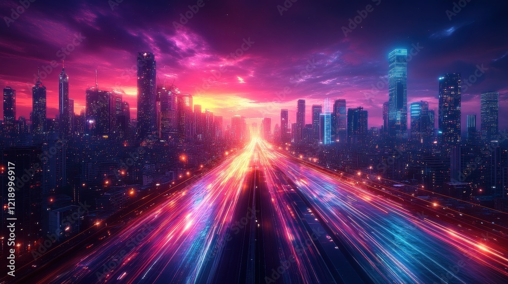 Futuristic neon cityscape with vibrant skyscrapers and colorful light trails at sunset Futuristic neon cityscape with vibrant skyscrapers and colorful light trails at sunset