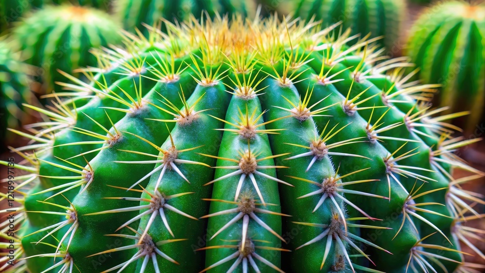 Close-up of a large cactus with vibrant green skin and sharp spines, succulent, prickly Close-up of a large cactus with vibrant green skin and sharp spines, succulent, prickly