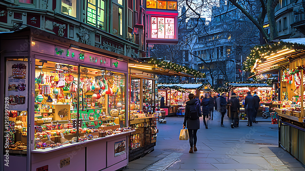 Fototapeta premium Enchanting Christmas market scene at dusk. A woman strolls past charming stalls brimming with festive treats handcrafted goods. Warm lighting creates a magical atmosphere.