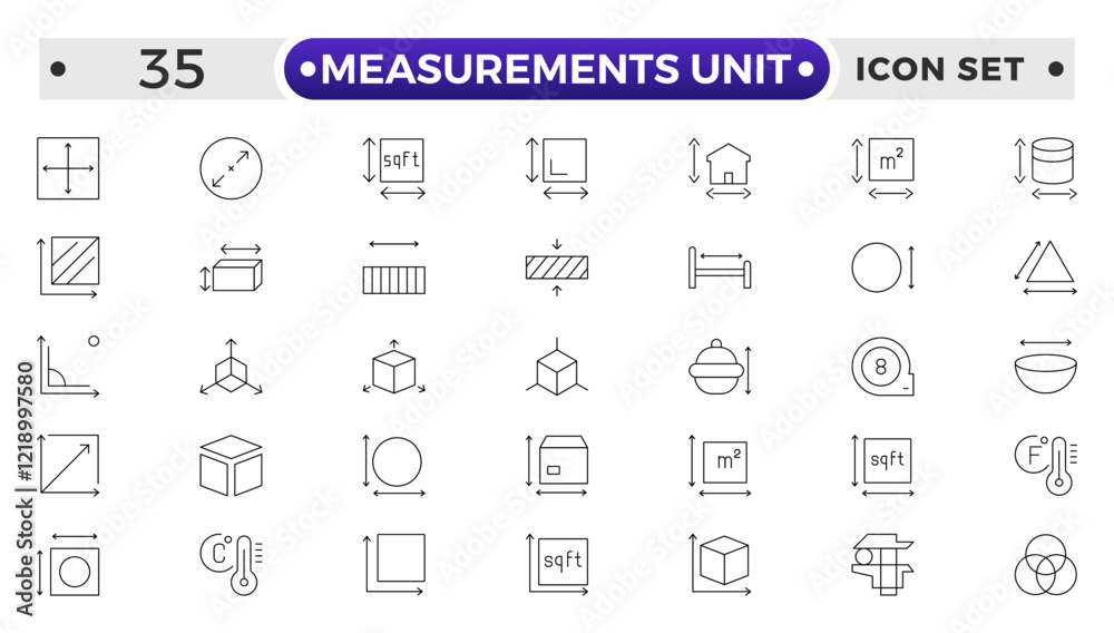 Measurement outline icons set with Measure, Area, Dimension, Distance, Diameter, Meter, Width, Radius, Length, weight and volume. Contains such icons as ruler, m2, area and more.
