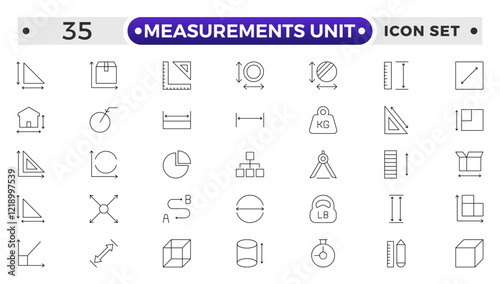 Measurement outline icons set with Measure, Area, Dimension, Distance, Diameter, Meter, Width, Radius, Length, weight and volume. Contains such icons as ruler, m2, area and more.