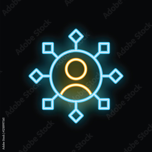 Neon icon depicting a person surrounded by network connections, symbolizing social media influence and digital marketing
