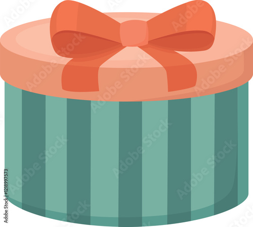 Striped round gift box with red bow. Present isolated on transparent background. 