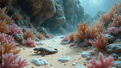 Vibrant coral reef textures blend with desert sand grains intricate club moss patterns goblin-like reptiles scurry across sleet-encrusted rock face stormy skies sharp details rustic charm photo