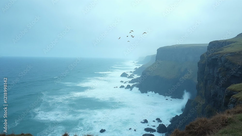 Turbulent sea meets rocky shore in dramatic coastal scenery Turbulent sea meets rocky shore in dramatic coastal scenery