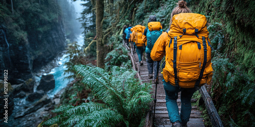 group of teenagers carrying a big bag walking in the forest on an adventure expedition up the mountain.