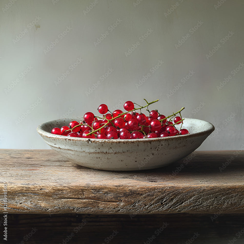 A rustic bowl filled with ripe red currants sits on a weathered wooden surface. A rustic bowl filled with ripe red currants sits on a weathered wooden surface.
