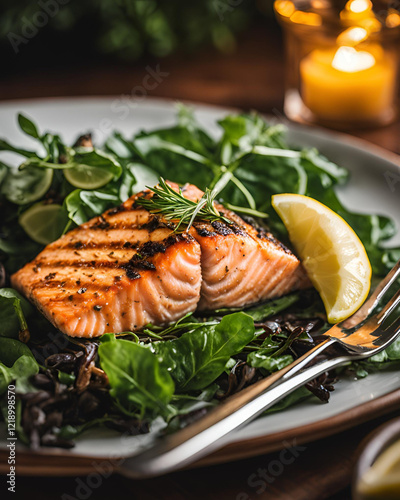 grilled salmon, salmon steaks, healthy eating, fish dish, seafood, lemon sauce, fresh salad, grilled fish, healthy meal, nutritious food, gourmet meal, delicious salmon, seafood salad, Mediterranean d photo
