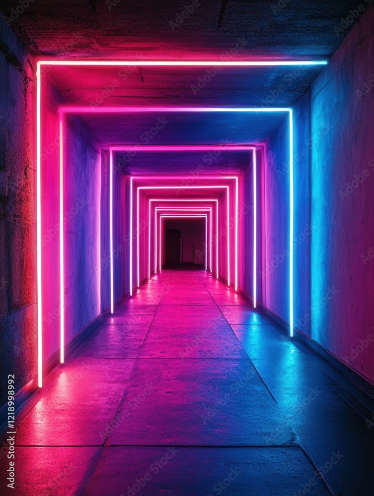 Fototapeta premium Vibrant neon lights illuminate a modern corridor at night