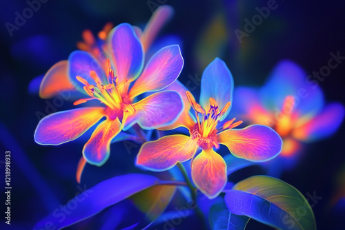 Brightly colored glowing flowers under dark background create a striking visual effect at night