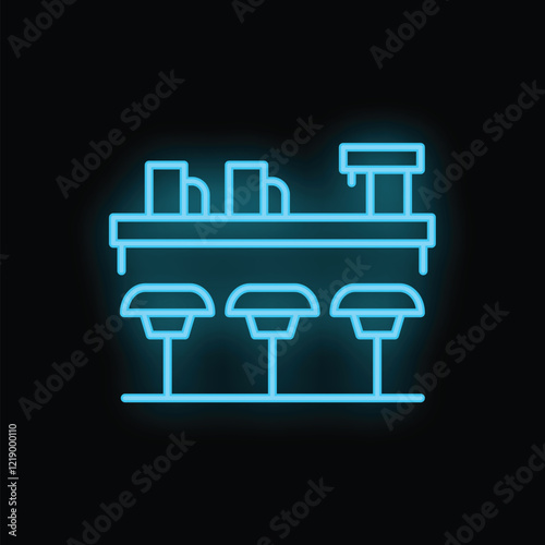 Blue neon bar counter with stools shining on black background