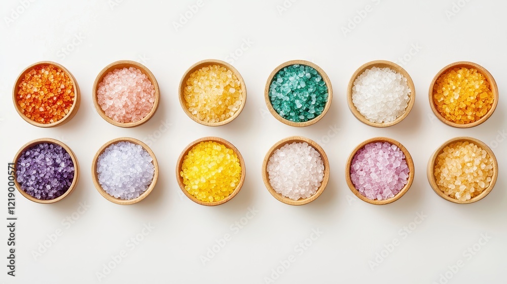 A set of bath salts and spa essentials arranged neatly on a white isolated background A set of bath salts and spa essentials arranged neatly on a white isolated background