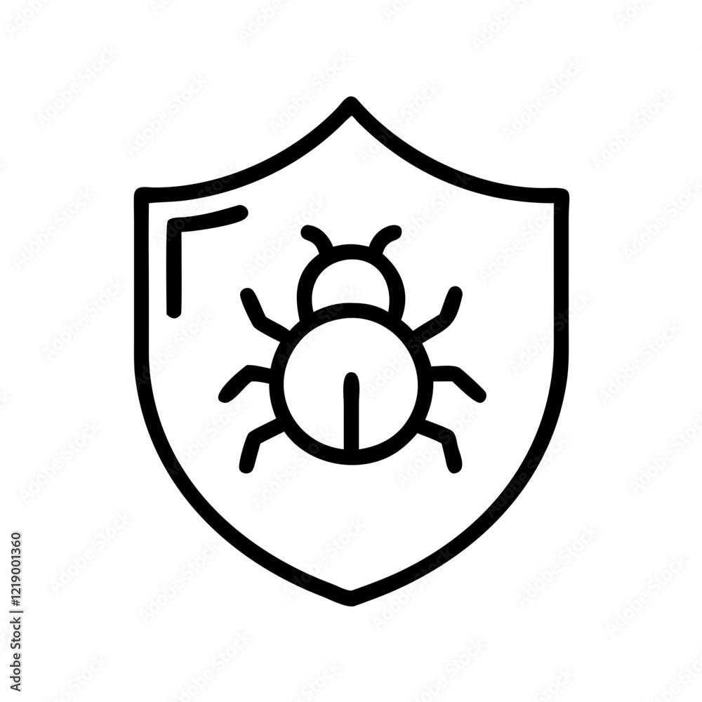Black vector icon of an antivirus shield with a bug symbol for cybersecurity and protection Black vector icon of an antivirus shield with a bug symbol for cybersecurity and protection
