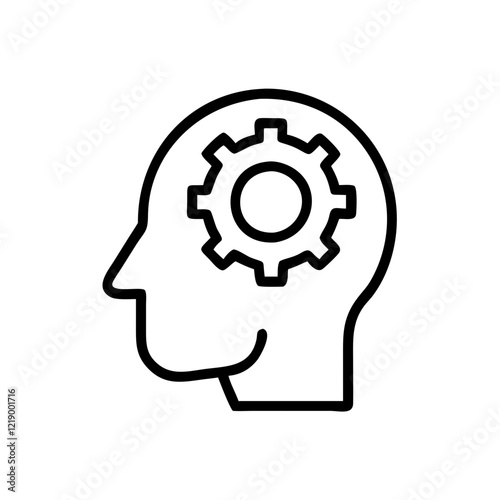 simple black machine learning gear icon inside a human head silhouette 