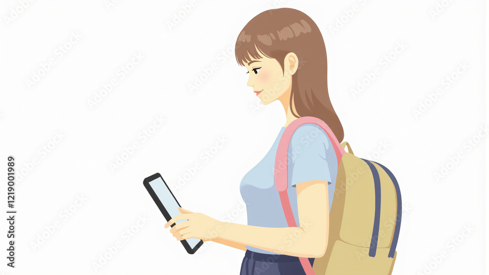 A young woman with brown hair is using a smartphone while wearing a backpack. A young woman with brown hair is using a smartphone while wearing a backpack.