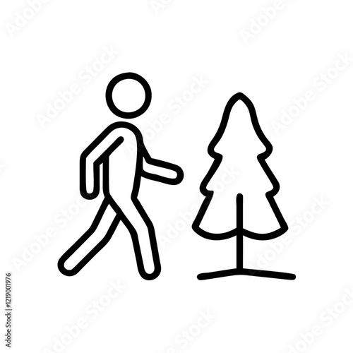 Black vector icon of a person walking by a tree, representing nature and outdoor activities