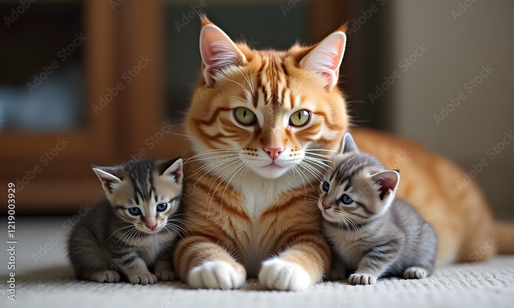 Nurturing Mother Cat with Precious Gray Kittens in Cozy Home Setting Nurturing Mother Cat with Precious Gray Kittens in Cozy Home Setting
