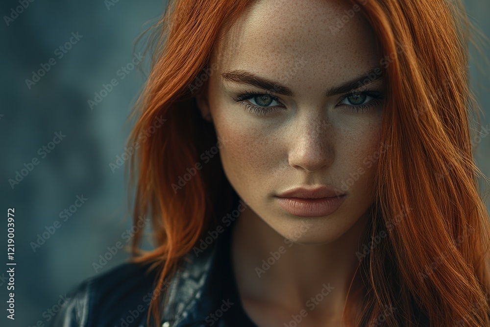 Fototapeta premium Young woman with striking red hair in close-up portrait