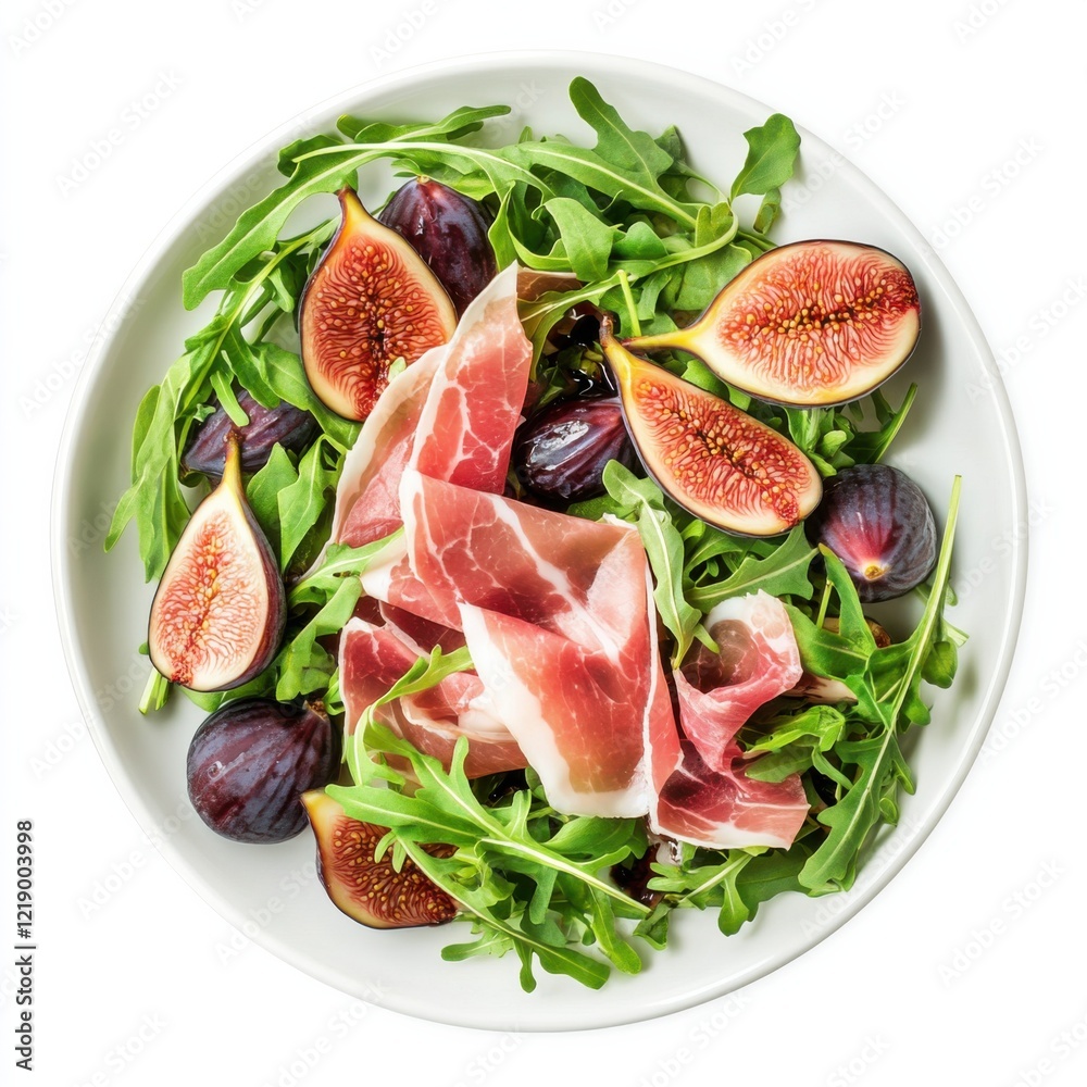 A fresh fig and arugula salad with prosciutto and balsamic glaze, isolated white background, modern art style A fresh fig and arugula salad with prosciutto and balsamic glaze, isolated white background, modern art style