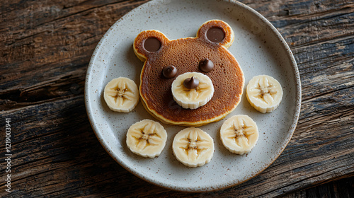 Pancakes Shaped Like Bears: Fluffy pancakes arranged as a bear face with chocolate chips for eyes and banana slices for ears on a white plate. photo