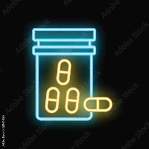 Neon sign of an open pill bottle with pills falling in, set on a black background