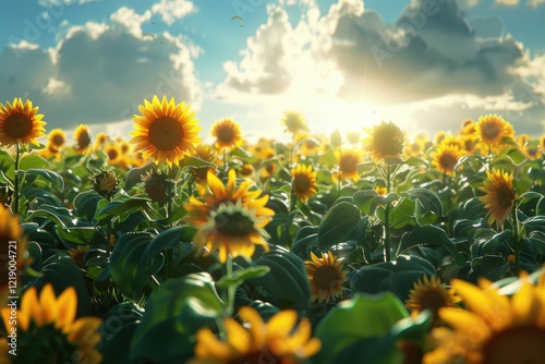 A vibrant sunflower field under the morning sun with blue skies and fluffy clouds, radiating warmth and positivity..