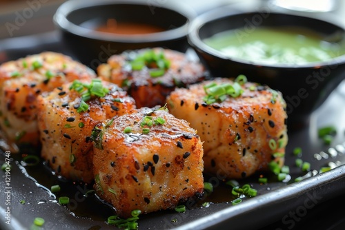 Close-up of crispy sesame-crusted tofu cubes garnished with fresh green herbs, served with dipping sauces..