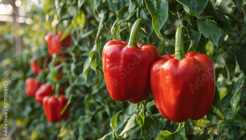 Vibrant Red Bell Peppers Against Lush Green Foliage