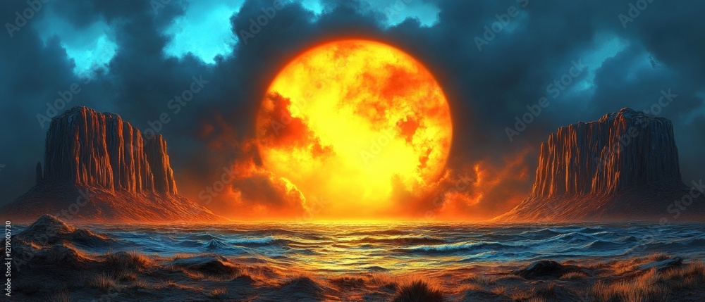Large orange sun is in the sky above a rocky shoreline Large orange sun is in the sky above a rocky shoreline