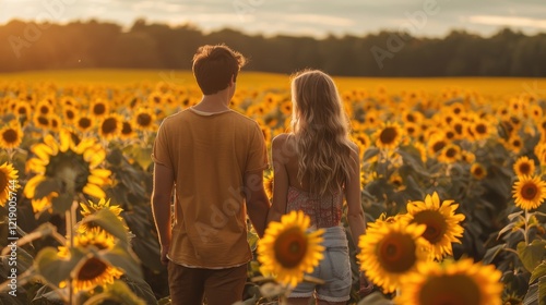 A young couple walking hand in hand through a vibrant sunflower field during a golden sunset, evoking romance and serenity..