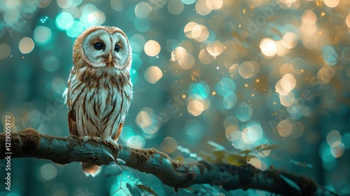 A majestic owl perched on a branch, surrounded by dreamy bokeh lights and a serene forest atmosphere..