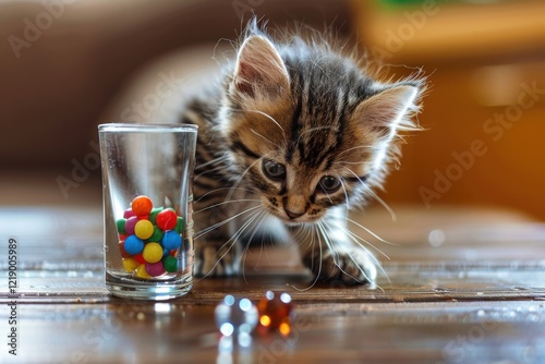 A curious kitten exploring colorful candy inside a glass cup, creating a playful and adorable scene indoors..